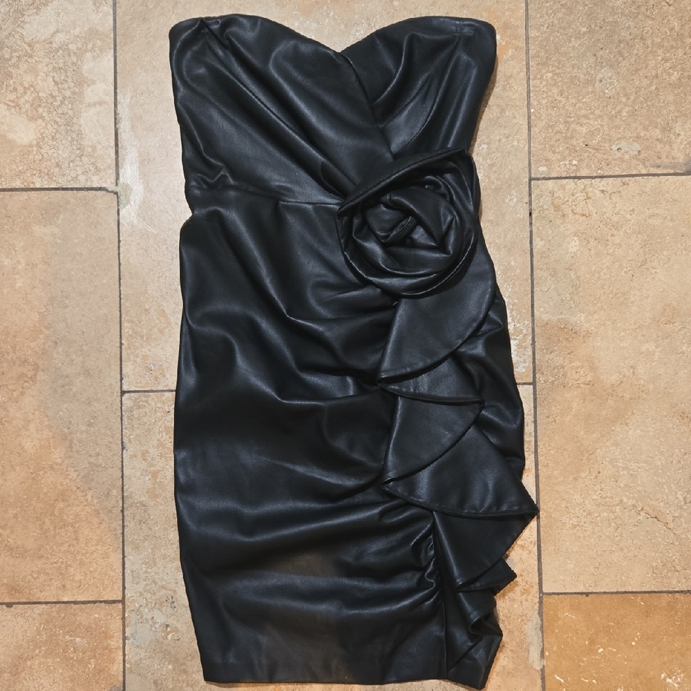 EXPRESS Strapless Black Faux Leather Ruffle Cocktail Dress